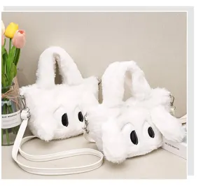 Sac à main en peluche duveteuse mignonne avec grands yeux de dessin animé, sac bandoulière blanc.