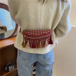 Gewebte Tweed Quaste Taillentasche für Damen, schicke ethnische Crossbody Brusttasche Gurt.