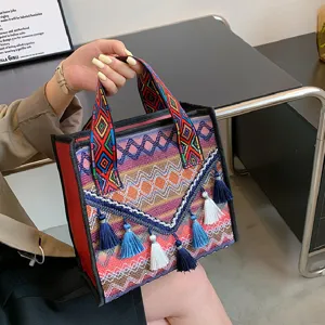 Borsa Tote Tessuta Per Donna Stile Etnico Motivo Geometrico Borsa A Mano Con Nappa Borsa A Tracolla Casual Grande Capacità Borsa Quotidiana