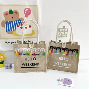 Sac Cabas Décontracté en Coton Lin pour Femmes Vintage Minimaliste Couleur Unie Sac à Main avec Gland Petit Sac de Shopping Quotidien