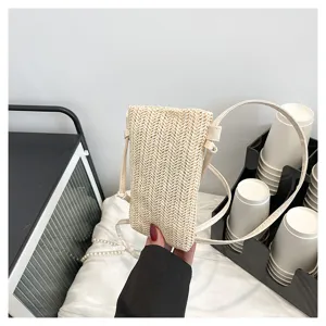 Mini sac bandoulière en paille tissée pour femmes, pochette élégante pour téléphone portable.