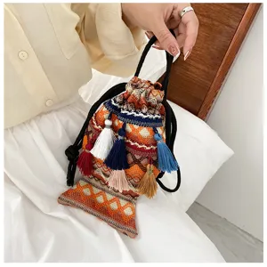 Sac seau ethnique bohème à franges pour femme mode sac bandoulière tissé chic