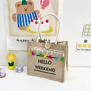 Sac cabas en jute pour femme, sac à main décontracté en lin avec de coloris pompons.