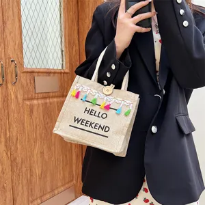 Sac cabas en lin pour femmes avec pampilles colorées, sac à main élégant pour le quotidien.