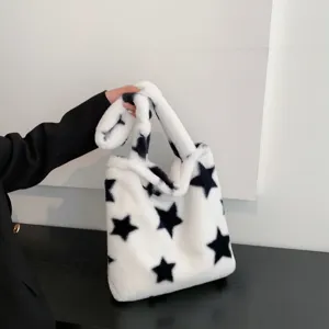 Women fluffy plush tote bag winter warm casual large capacity shoulder handbag with stars