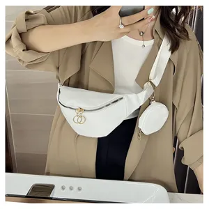 Sac de poitrine bandoulière en cuir PU blanc avec petit porte-monnaie, sac banane uni décontracté.