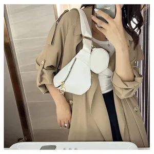 Sac à bandoulière en cuir PU blanc, sac de poitrine avec petite pochette ronde femme.
