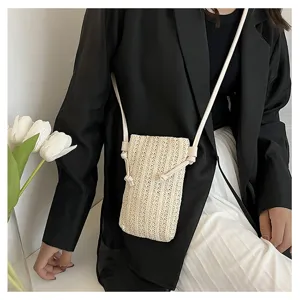 Mini sac bandouliere en paille pour femme, elegant sac a main d'ete beige pour telephone.