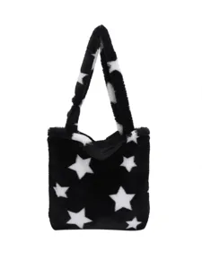 Stylish black white star plush tote bag for women, casual furry fluffy single shoulder bag.