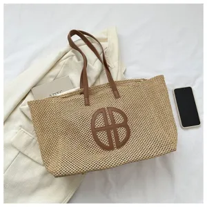 Large capacity straw woven tote bag contrast color vintage beach shoulder handbag for women