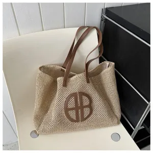 Large capacity straw woven tote bag for women, stylish contrast color beach shoulder bag.