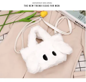Sac à main en peluche blanche pour femme, sac bandoulière cartoon duveteux avec grands yeux.