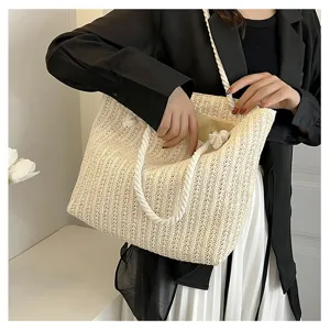 Sac cabas tissé en paille élégant pour femmes, sac à épaule décontracté avec anses.