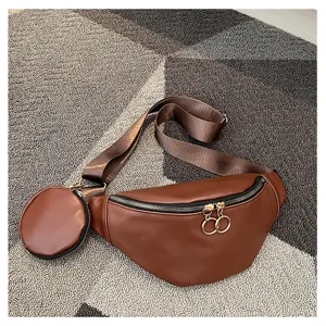 Sac de poitrine bandoulière en cuir PU marron avec petite poche ronde, sac de loisirs.