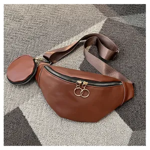 Sac de poitrine en cuir PU marron avec petit porte-monnaie, sac de taille décontracté.