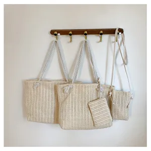 Sac cabas en paille tissée avec pochette assortie, sac à main d'épaule tendance printemps été.