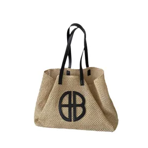Large capacity straw woven tote bag stylish beach bag with black top handles design