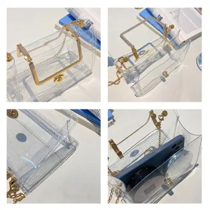 Sac bandoulière transparent en PVC avec chaîne, détail de sac jelly chic aux ferrures dorées.