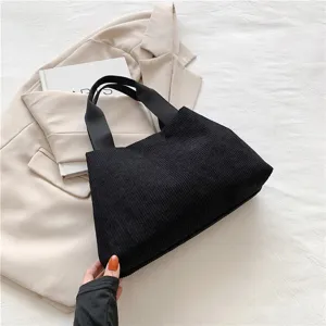 Sac à main en velours côtelé noir pour femmes, cabas décontracté à double poignée usage quotidien.