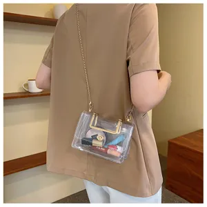 Vue détaillée du sac bandoulière transparent en PVC avec chaîne, poignée métallique et maquillage.