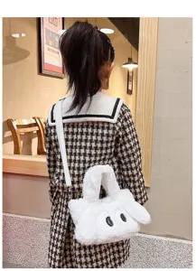 Borsa a mano in peluche bianca per bambini, borsa a tracolla soffice con simpatico animale animato.
