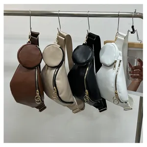 Sac bandoulière tendance en cuir PU avec pochette ronde, sac de poitrine décontracté pour femme.