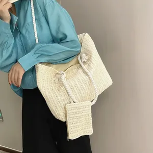 Sac Cabas Tressé en Paille Mode Femme Décontracté Plage d'Été Sac à Bandoulière Mère et Enfant Sac de Voyage