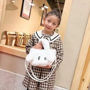 Joli sac à main en peluche blanche pour enfants, sac bandoulière moelleux de dessin animé.