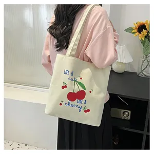 Canvas shopper tas met schattige kersen print casual schoudertas voor dagelijks gebruik