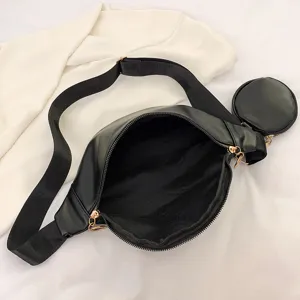 Sac de poitrine en cuir PU noir sac bandouliere elegant sac de taille avec petite pochette