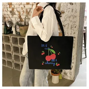 Zwarte canvas tote bag met leuke kersenprint, casual grote schoudertas voor dagelijks gebruik.