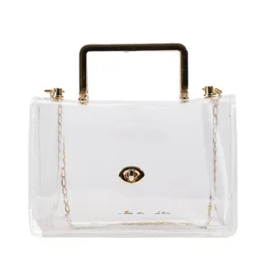 Élégant sac à main transparent en PVC avec poignée métallique dorée et chaîne pour femme.