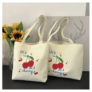 Casual canvas shopper met schattige kersen print en letters, grote schoudertas voor dagelijks.