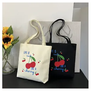 Canvas shopper tas met schattige kersenprint, casual schoudertas en grote handtas.