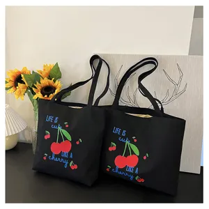 Casual canvas shopper met schattige kersen print, grote schoudertas voor dagelijks gebruik.
