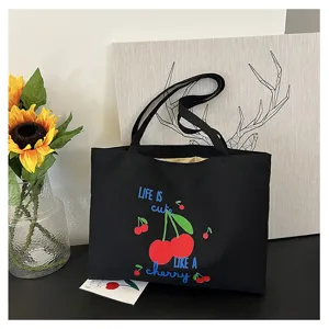 Casual canvas shopper met schattige kersenprint, grote schoudertas voor dagelijks gebruik.