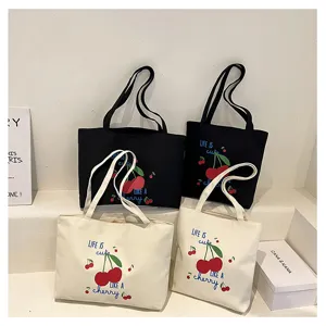 Canvas shopper tas met schattige kers print, grote casual schoudertas voor dagelijks gebruik.
