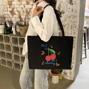 Modieuze Dames Canvas Tote Tas Casual Grote Capaciteit Schoudertas Leuke Kersenprint Woon-werk Dagelijkse Handtas