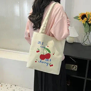 Casual canvas shopper tas met schattige kersenprint voor dagelijks woon-werkverkeer.