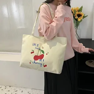 Modieuze cartoon geprinte canvas schoudertas, casual grote capaciteit shopper handtas.