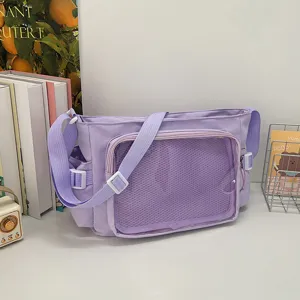 Bolso bandolera de lona morada con bolsillo transparente y gran capacidad para estudiantes.