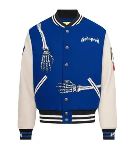 Blue white varsity jacket with skeleton embroidery, stylish streetwear casual coat.