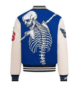 Vintage skeleton embroidery varsity jacket unisex streetwear baseball coat blue and beige.