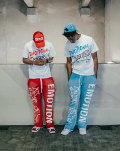 Streetwear trendy short sleeve t-shirt and casual pants set with cupid graphic prints.