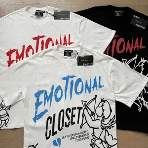 Detailed view of streetwear graphic t-shirt featuring bold letter print and cute cupid illustration.