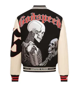 Unisex streetwear bomber jacket with skull embroidery, colorblock sleeves, and gothic logo.