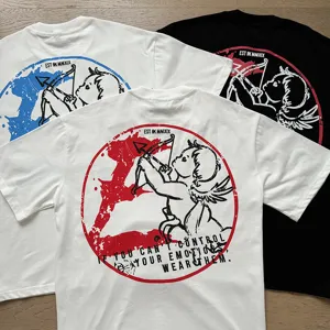 Casual streetwear short sleeve t-shirt with cupid back print and bold typography, comfortable cotton.