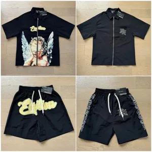 Mixed Emotion Gothic Rhinestone Letter Embroidered Zipper Short Sleeve Shirt And Shorts Set Streetwear Casual Top And Bottom Clothing