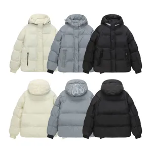 Men's Winter Thickened Cotton Puffer Jacket Streetwear Letter Print Removable Hooded Zip Up Warm Outwear Casual Coat