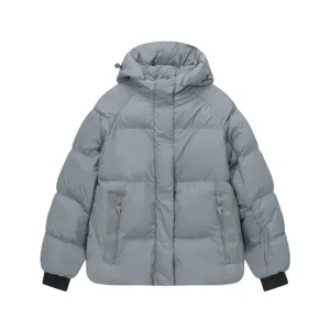 Stylish grey hooded padded winter jacket for men and women, warm urban streetwear coat.